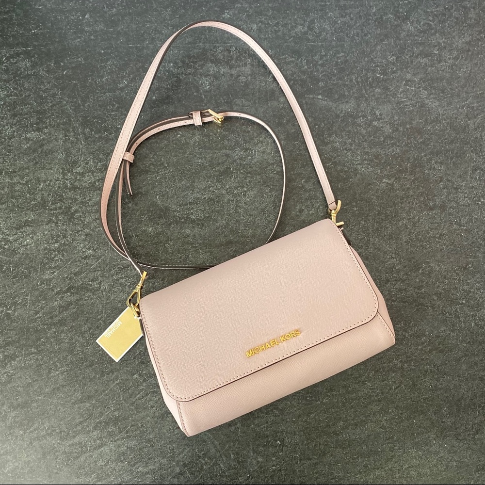 MICHAEL KORS NWT Jet Set Medium Convertible Leather Crossbody Bag Pink Gold
